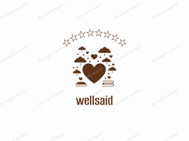 The image is a simple, minimalist logo in a dark brown color, set against a white background. At the center, there is a large, solid heart shape, symbolizing love, affection, or emotional connection. Surrounding the heart are several