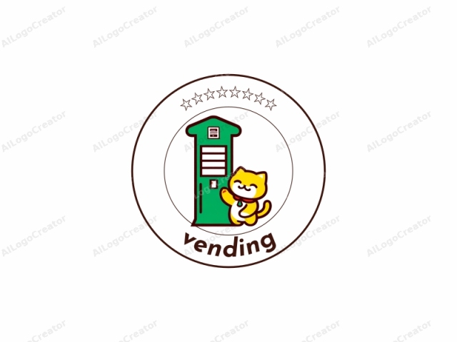 This logo features a vibrant, cartoonish illustration in a digital medium. The central character is a cheerful, yellow cat with white fur on its face and belly, standing upright on its hind legs. The cat has a closed left eye, indicating happiness