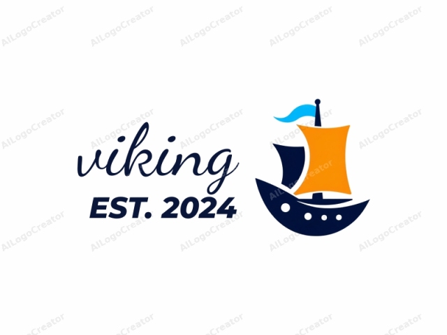 This is a stylized vector logo featuring a simple, modern, and minimalist design. The main subject is a sailboat. The sailboat is depicted in three distinct colors: the hull and mast are dark blue, the sail is bright orange,