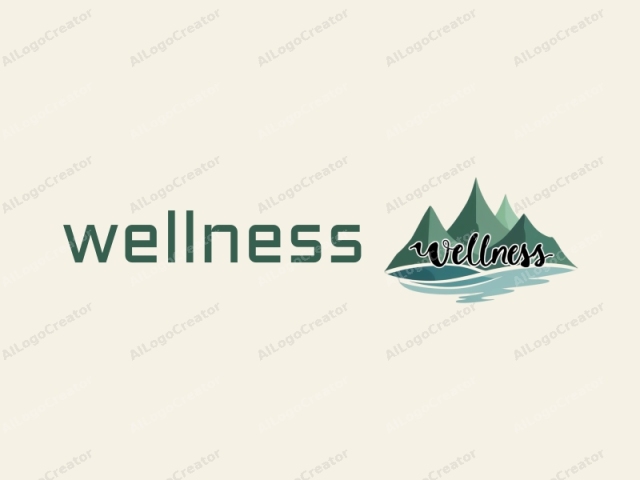 Dies ist eine minimalistische, flache Logo-Illustration, bei der das Wort "Wellness" prominent zentriert ist. Das Logo besteht aus einer stilisierten, abstrakten Darstellung von Bergen und Wasser. Die Berge sind in drei verschiedenen Farben dargestellt - Türkis, Grün und Braun