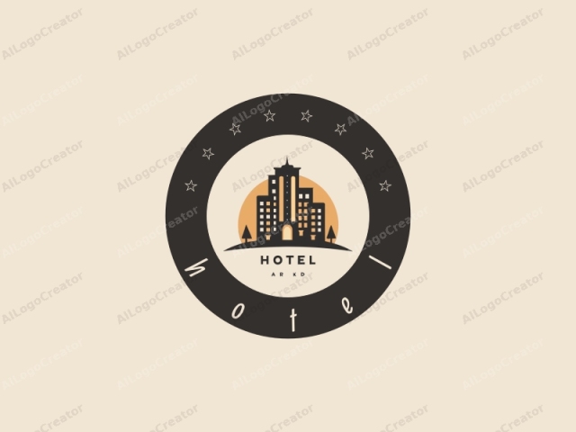 in a minimalistic and clean digital illustration style. The image features a stylized, abstract representation of a hotel building set against a simple, beige background. The hotel is depicted in silhouette, with clean, geometric lines and dark, solid black shapes that