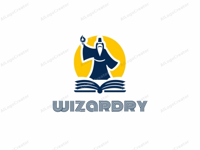 This image features a stylized, abstract logo that resembles a wizard or sage. The logo is composed of a simple, minimalist design. The central figure is depicted in dark blue and has a long, flowing robe, which extends to the left and