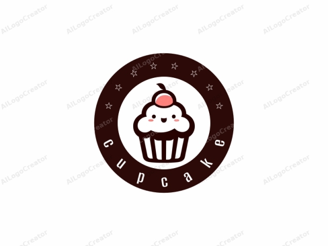 This is a simple, cartoon-style logo of a cupcake with a cherry on top. The cupcake is depicted with a white, fluffy texture for the cake portion and dark brown lines outlining its shape. The cherry on top is a small,