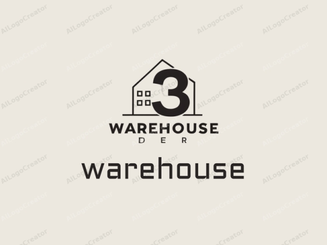 La imagen es un logotipo minimalista para una empresa de diseño de almacenes, "Warehouse dECR". Consiste en una representación geométrica y estilizada de una casa con un gran y audaz "3" negro posicionado centralmente encima de ella. La casa está dibujada