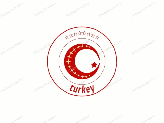 This is a stylized logo featuring a crescent moon and star symbol. The crescent moon is the dominant figure, occupying the top portion of the image, and is rendered in a vivid, bright red color. The crescent is smooth and