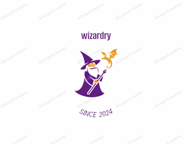 This is a digital, minimalist, and stylized logo featuring a wizard and a dragon in an abstract, cartoonish illustration. The wizard, depicted in bright purple, is an old, bearded man with a flowing white beard. He wears a