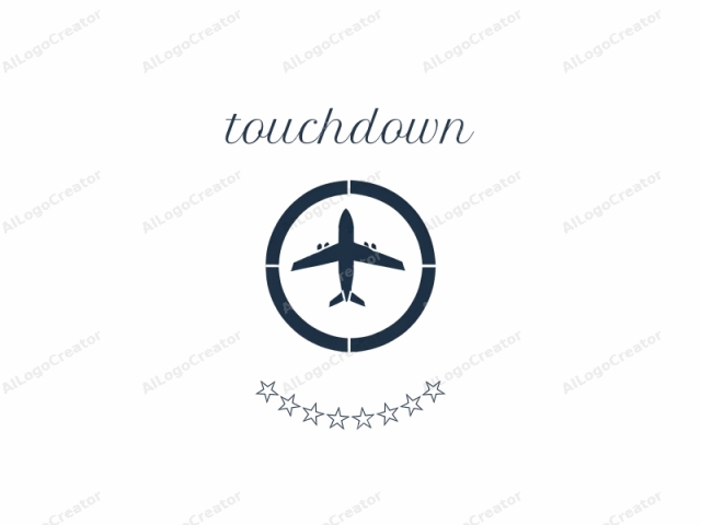 This is a minimalist logo featuring a dark blue, stylized illustration of an airplane, positioned centrally within a circular frame. The circular frame, also dark blue, serves as a border for the airplane, providing a clean and organized aesthetic. The airplane