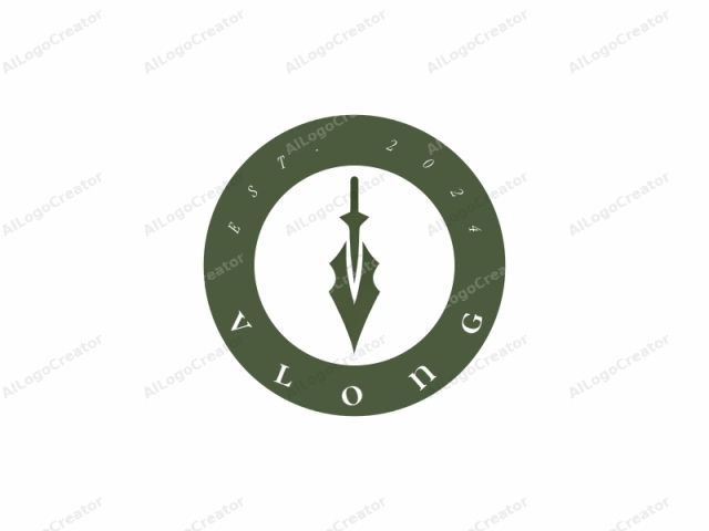 Este es un diseño de logotipo digital que presenta una representación estilizada de una espada medieval. El logotipo está creado en un estilo minimalista y monocromático, utilizando un solo color: un verde oliva oscuro. El diseño de la espada es altamente abstracto, con líneas afiladas