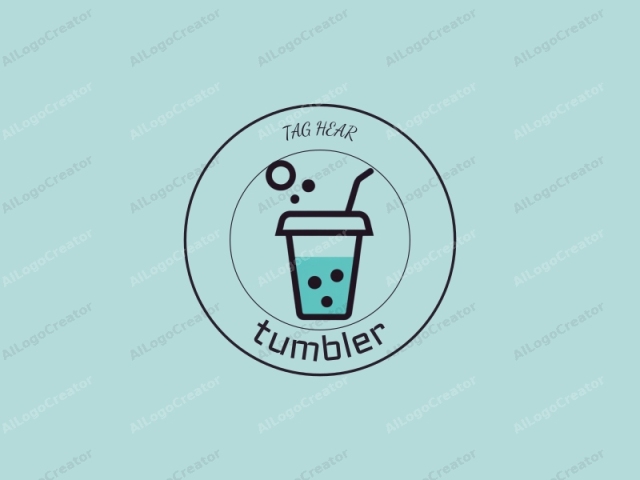 This minimalist logo image features a simple, stylized drawing of a beverage container against a light turquoise background. The container, depicted in a flat, two-dimensional style, is a transparent cup with a lid and a straw. The cup is filled with