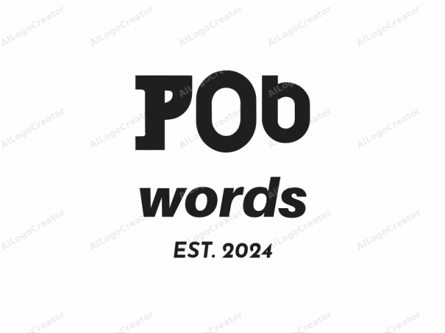 この画像は、大胆な大文字を使用したミニマリストの白黒ロゴです。画像の中央には「POB」という単語が目立つように表示されています。文字は大きく、スペースの大部分を占めており、「P」と「