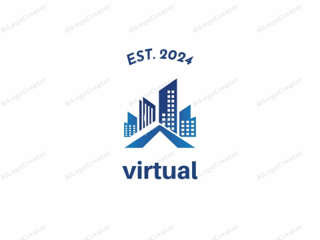 The logo features a minimalist design in a flat digital style. The central figure is a stylized representation of a cityscape, composed of three tall, modern buildings in varying shades of blue. These buildings are geometric and angular, with clean lines and