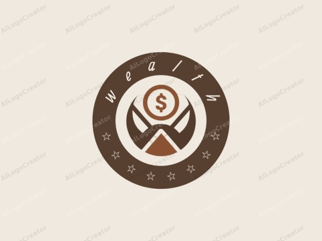 This is a digital logo illustration in a minimalistic, modern style. The main subject is a circle with a dollar sign inside it, placed centrally. The circle is divided into two sections: the upper half is filled with a brown color, while