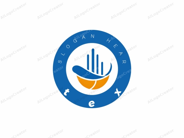 mit einer stilisierten Hand. Das Logo ist ein modernes, minimalistisches Design mit einem weißen Hintergrund. Im Mittelpunkt der Komposition steht eine blaue, gebogene Handform, die eine offene Handfläche darstellt. Die Hand ist vertikal positioniert, mit nach oben zeigenden Fingern, was Offenheit symbolisiert.