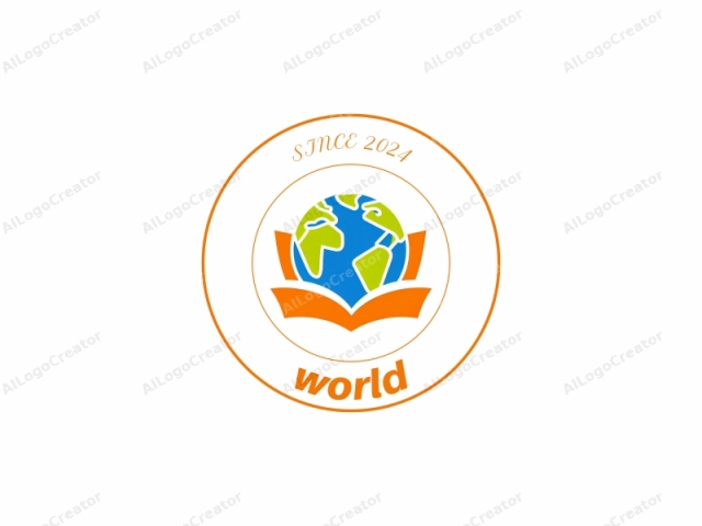 This logo features a simplistic and modern design, prominently featuring a stylized globe of Earth. The globe is centered and depicted in a flat, two-dimensional manner with green landmasses and blue oceans. Above the globe, two large, open book