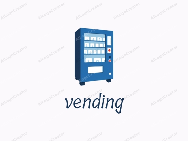 The image is a digital drawing of a vending machine, rendered in a minimalist, flat design style. The vending machine is predominantly blue, with a smooth texture and sharp edges. It stands on two black rectangular legs. The front of the machine is