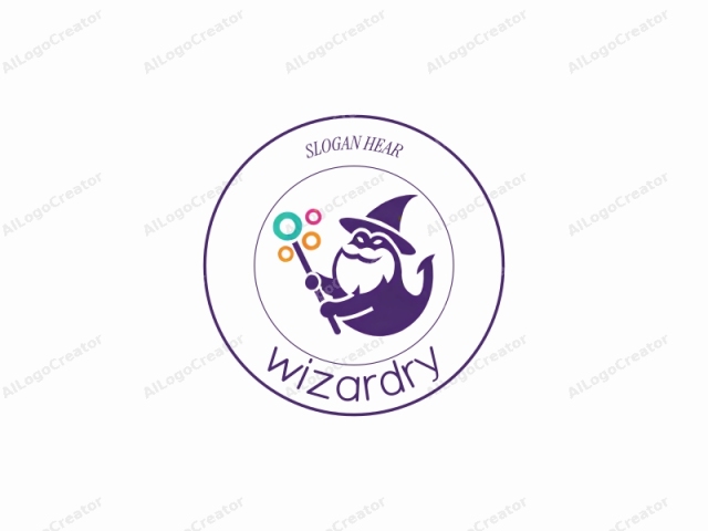 a whimsical wizard. This is a digital illustration in a flat, minimalist style, characterized by its smooth and clean lines. The main subject is a jovial, cartoonish wizard who appears to be floating. The wizard is depicted in shades of