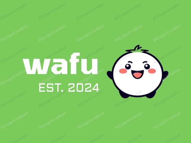 an adorable, round, white creature with a cheerful expression and black outlines, set against a vibrant, lime green background. This whimsical logo features a round face with large, black, almond-shaped eyes giving a friendly and approachable look. The