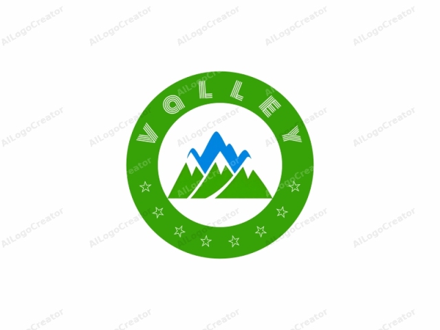 Das Logo ist ein einfaches, minimalistisches, vektorbasiertes Design, das zwei überlappende Bergketten zeigt. Die obere Bergkette wird mit glatten, geschwungenen Linien dargestellt und hat einen lebendigen blauen Gipfel, der stark mit dem weißen Hintergrund kontrastiert. Die untere Bergkette,