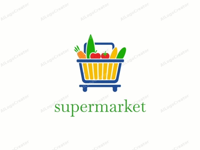 La imagen es una ilustración digital de diseño plano de un carrito de compras de supermercado. El carrito está dibujado en un estilo simplista con líneas audaces, presentando un cuerpo amarillo brillante, cuatro ruedas azules en la parte inferior y un mango azul en el centro. Dentro