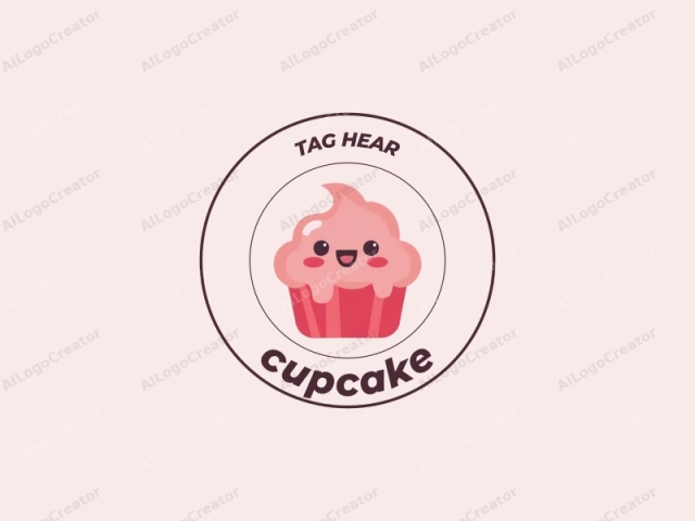 The image is a minimalist, digital illustration of a whimsical cupcake with a simple, pastel pink color palette. The cupcake is depicted in a cartoon style, characterized by smooth, clean lines and flat, solid shapes. It features a