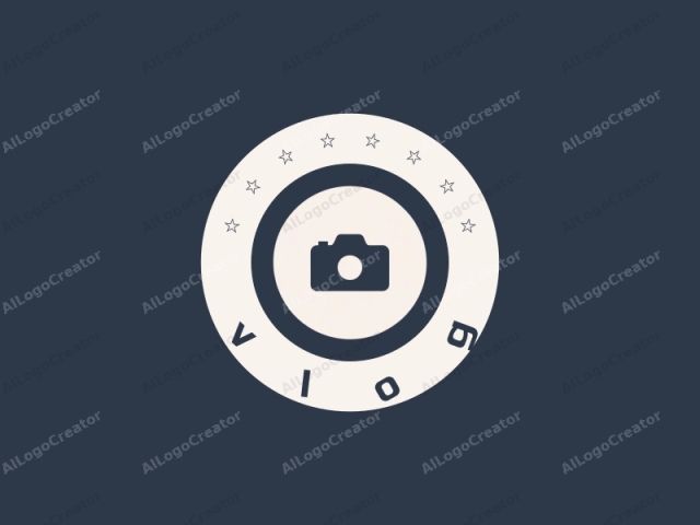 The image is a minimalist, digital graphic designed in a flat style. It features a simple, solid, white camera icon centered within a beige circle, positioned against a solid, dark navy blue background. The camera silhouette is stylized and clean,