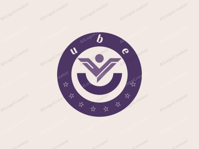 This is a minimalist logo composed primarily of dark purple and white on a light cream background. The design features a stylized figure of a person with a winged cape, symbolizing strength and flight. The figure is centered within the purple geometric shape