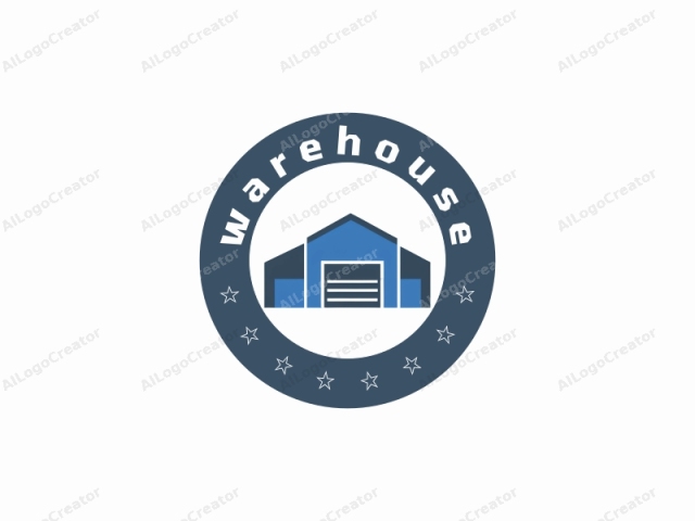 Esta es una ilustración de logotipo vectorial simplificada que presenta un edificio de dos pisos azul y gris con un techo a dos aguas. El edificio se representa en un estilo minimalista, caracterizado por líneas limpias y colores primarios audaces. La fachada del edificio está dividida en