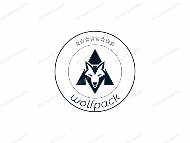 a stylized wolf head, depicted in a minimalist design. This black-and-white logo features a bold, geometric representation of a wolf's head within a triangular frame. The wolf's face is centrally positioned, with its eyes, nose, and mouth