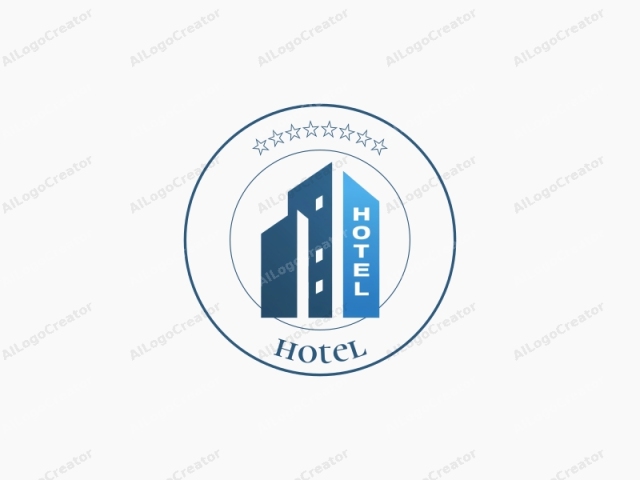 which is a minimalist and modern illustration. This logo features a stylized representation of a hotel building. The design consists of a tall, abstract structure with clean, geometric lines and a gradient blue color scheme that transitions from dark at the base to light