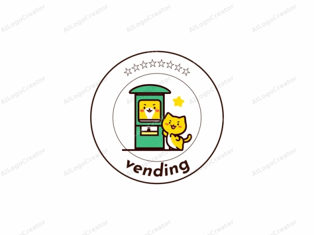 The image is a cartoon-style digital illustration featuring two anthropomorphic cats in a playful setting. The left cat, with a yellow body and black facial features, is depicted in a rectangular ticket machine. This character's eyes are drawn as simple black dots