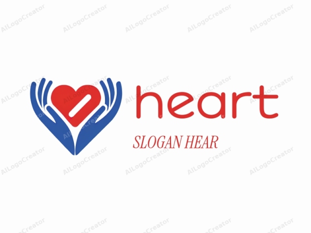 featuring two large, blue hands cupped together. The hands are stylized with smooth, clean lines, and their palms face upwards towards each other, creating a symmetrical shape. In the center of the hands lies a prominent, red heart, representing