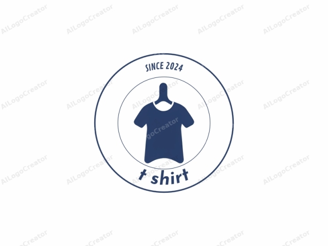 The image is a simple, flat design logo of a t-shirt hanging on a clothes hanger. The t-shirt is depicted in a solid, deep blue color, which stands out prominently against the white background. The t-shirt's neckline is short