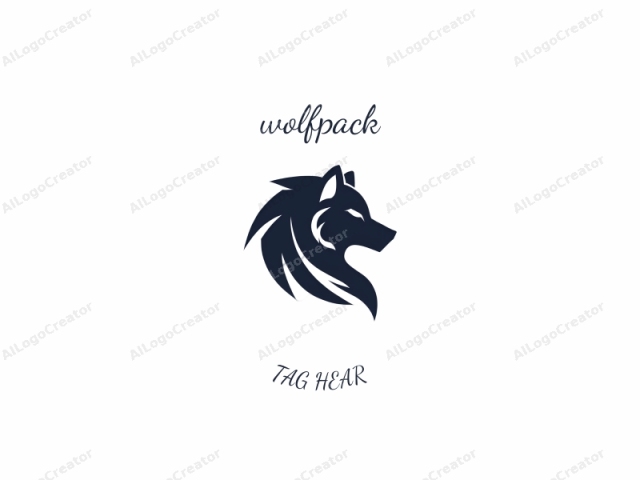 This is a minimalist, stylized logo of a wolf, rendered in a monochromatic navy blue. The wolf's head is facing left, and its expression is fierce, with a slightly narrowed eye and an upright ear. The wolf's mane