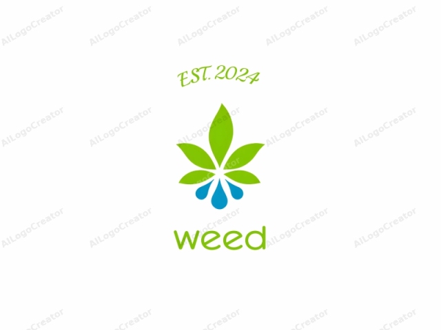 Dies ist ein minimalistisches, abstraktes Logo im Vektorformat, das eine stilisierte Darstellung eines Cannabisblattes zeigt. Das Design umfasst sieben große, ovale Blattsegmente, die fächerartig um einen zentralen Punkt angeordnet sind, wobei jedes Segment eine helle Farbe aufweist.