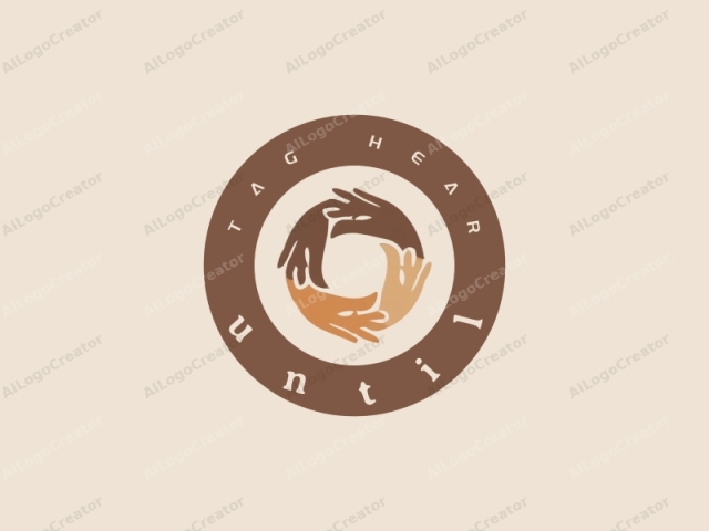 a circular composition featuring four handprints in various shades of brown, set against a cream background. Each handprint, stylized in a minimalist and geometric fashion, forms a complete circle by overlapping at the fingertips. The hands, rendered in smooth,