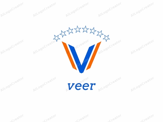 The logo is a stylized, abstract design, consisting of a geometric shape resembling a modified letter "V." The shape is primarily blue with two vertical orange lines flanking its sides and converging slightly towards the top. The orange lines are positioned