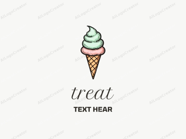 This is a digitally drawn, stylized illustration of an ice cream cone. The ice cream cone is the focal point, centrally positioned against a solid, mint green background encircled by a white frame. The ice cream cone is depicted in a