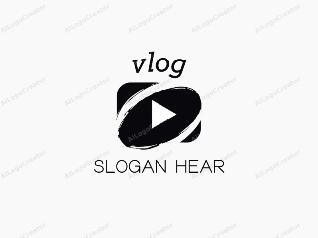 This image is a minimalist, monochromatic logo of a video play button, designed in a modern, abstract style. The logo is composed of a black, rectangular shape with rounded edges, positioned horizontally. On the front, a white, triangular