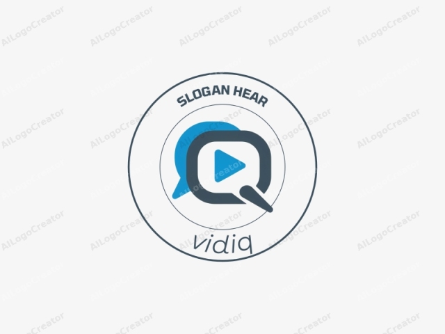 que es una representación gráfica estilizada de una burbuja de discurso con un botón de reproducción en su interior. La burbuja de discurso es predominantemente gris oscuro y contiene un botón de reproducción triangular blanco en su cuadrante inferior derecho, con un punto azul encima. La burbuja de discurso