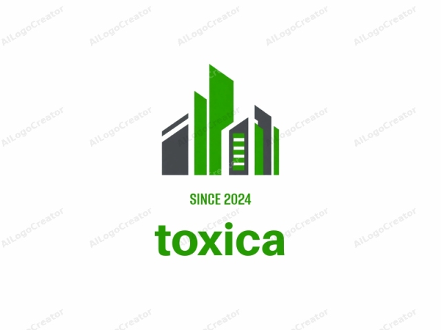 This image depicts a stylized, abstract representation of a modern city skyline. The design consists of four tall, rectangular buildings, each featuring sharp, clean lines and varying shades of green and gray. The tallest structure, situated in the center, is