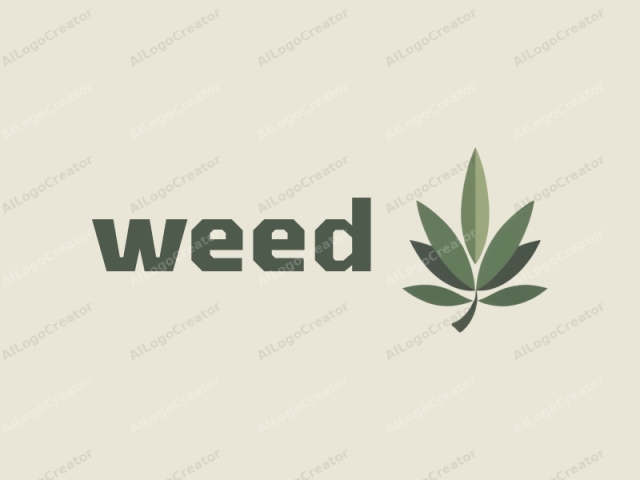 Konzentration auf die visuellen Elemente und Designprinzipien. Dies ist ein minimalistisches, stilisiertes Logo, das ein vereinfachtes Cannabisblatt darstellt. Das Blatt ist auf einem hellen Cremefarbenen Hintergrund zentriert, was den Kontrast und die Lesbarkeit verbessert. Das Logo verwendet eine begrenzte Farbpalette in Grün