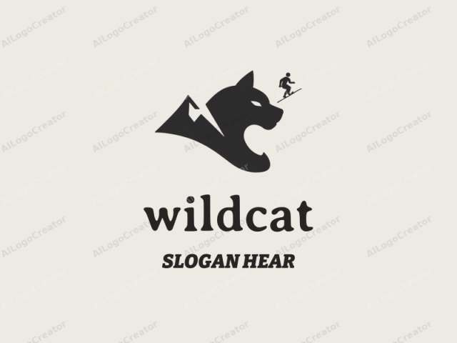 Mountain lion แบบสไตล์, ถูกวาดด้วยสีดำทึบบนพื้นหลังเบจเรียบ หัวของ mountain lion ครอบครองภาพส่วนใหญ่, วางอยู่ตรงกลาง, หันหน้าไปทางขวา ดวงตาของสัตว์มีความคมและเข้มข้น, พร้อมกับรอยยิ้มเล็กน้อยที่ปาก