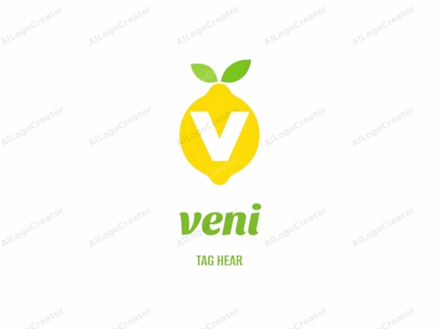 The image is a digital drawing of a simple logo. The design consists of a stylized lemon with a smooth, yellow circular outline. At the center of the lemon, a white capital "V" is prominently displayed. Above the "V,"