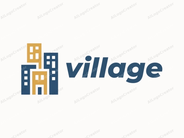 The image is a clean, minimalist, and modern graphic logo featuring a stylized representation of a skyscraper complex. The logo is composed of geometric shapes in two distinct colors: blue and gold. The blue color is used to depict the building fac