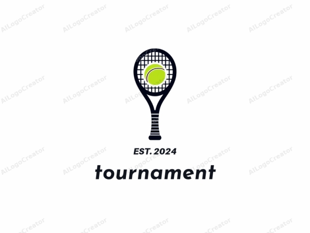 una raqueta de tenis. El logo presenta una silueta negra de una raqueta de tenis sobre un fondo blanco puro. La raqueta de tenis se representa en un estilo minimalista sin texturas ni sombreado, destacando su diseño limpio y moderno. El mango de la raqueta es grueso y