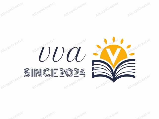 ロゴはフラットでミニマルなスタイルのデジタルイラストです。上部中央には、明るいオレンジイエローの大きな円とその中心に目立つ白い「V」が描かれたスタイリッシュな太陽シンボルが特徴です。そこから放射状に広がるデザインです。