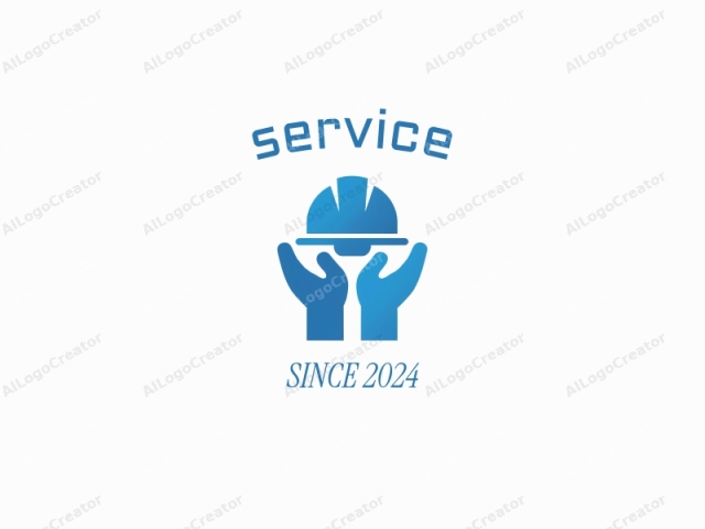 This image is a digital logo, depicted in a minimalist and simplistic style. It features a blue silhouette of two hands, one placed above the other, with palms facing up. The hands are holding a blue safety helmet in the middle, positioned horizontally