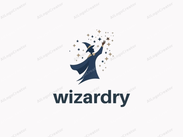 The image is a digital, minimalist illustration in a stylized, modern art style. The main subject is a silhouette of a witch or wizard in profile, standing and reaching upwards with their right hand, holding a star. The witch or wizard wears