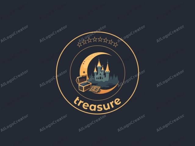 featuring a stylized, cartoonish castle. The image is set against a dark blue background and dominated by a large, golden crescent moon with a gentle curve, occupying the upper portion. At its center is the castle, depicted in muted shades of