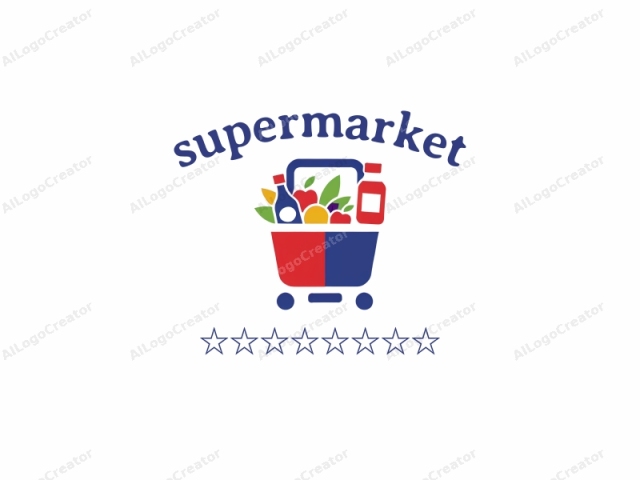 en el estilo de un ícono minimalista. Este logotipo presenta un carrito de compras estilizado representado en un diseño plano de dos tonos. El carrito de compras es principalmente azul con una base roja y está posicionado centralmente sobre un fondo blanco liso. En la parte superior del